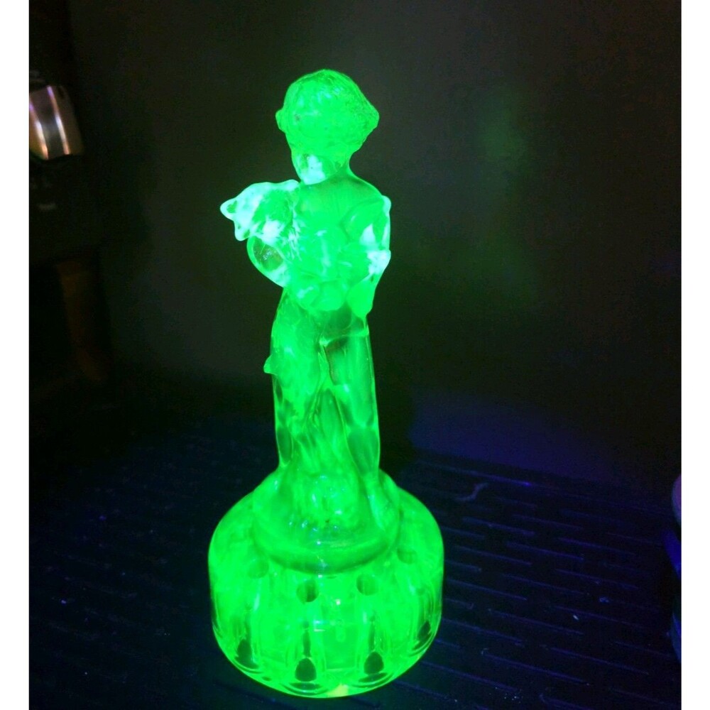 Cambridge Green Uranium Glass - Two Kids Flower Frog Boy & Goat